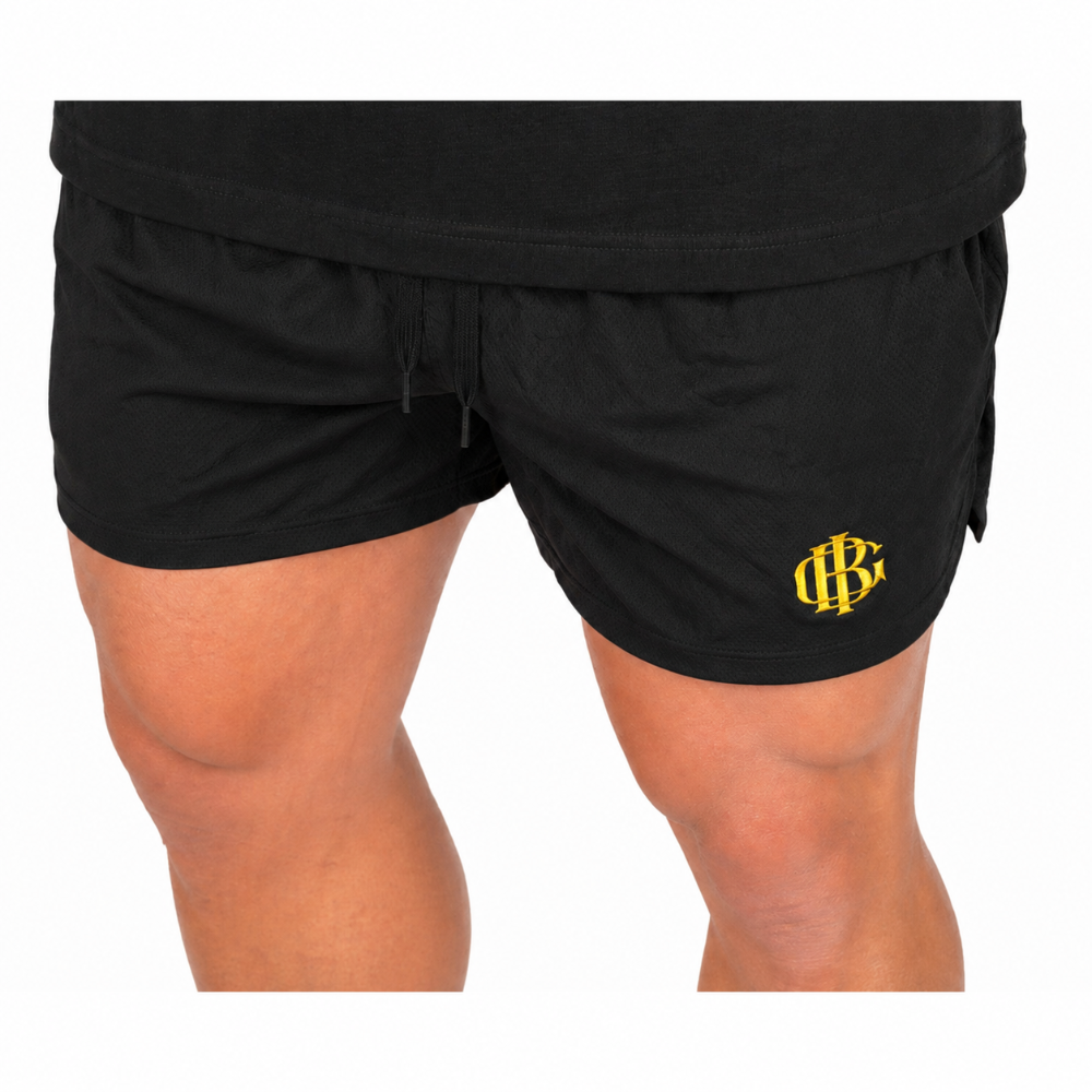 BIG gym shorts in black, front view