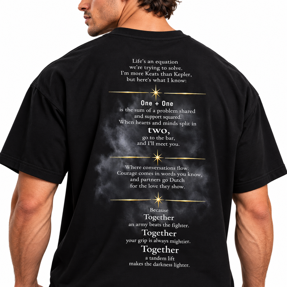 Close-up of the Together We're Stronger poem on the back of the BIG x TWL t-shirt