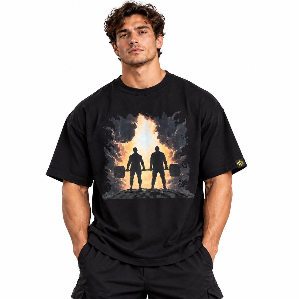 BIG x Together We Lift black oversized gym t-shirt with tandem deadlift front print