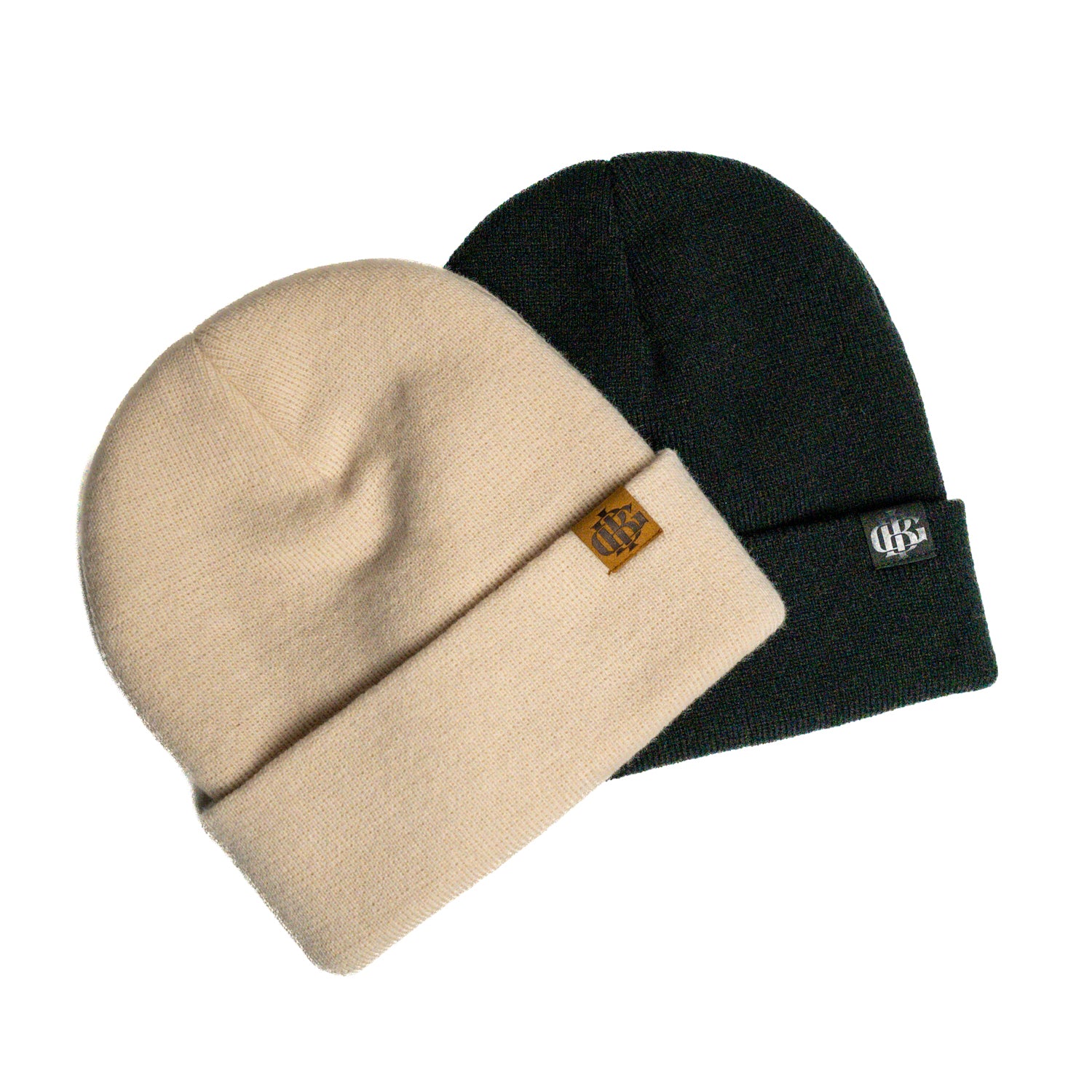 Before I Go beanie hats shown in beige and black