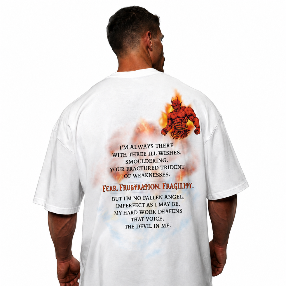 The Devil In Me gym t-shirt in white, back view of the flame and trident poetry print