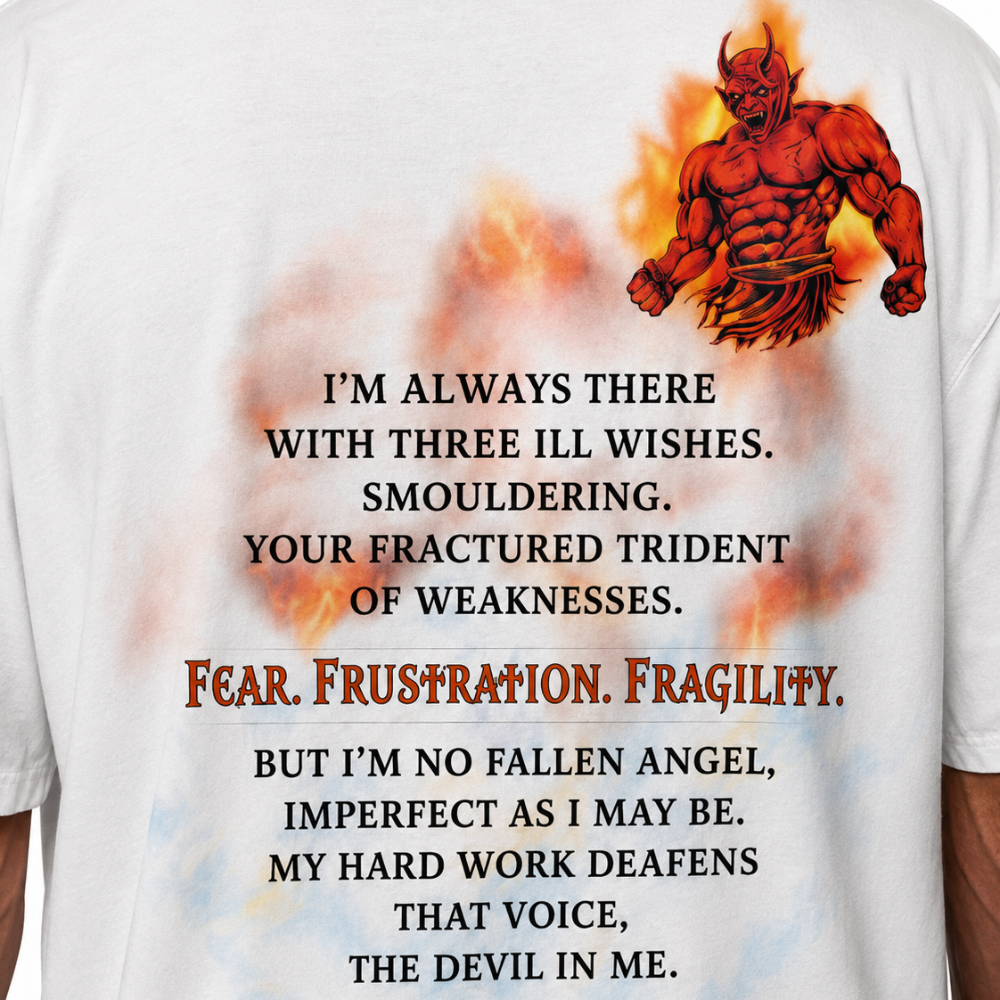 Close up of the Devil In Me print and poem on the white gym t-shirt